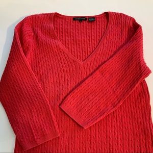 Red Cable Knit V Neck Pullover Sweater Sz M Jeanne Pierre